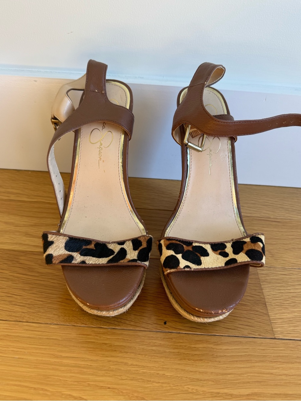 Jessica Simpson Brown Wedge Sandals with Leopard Accent